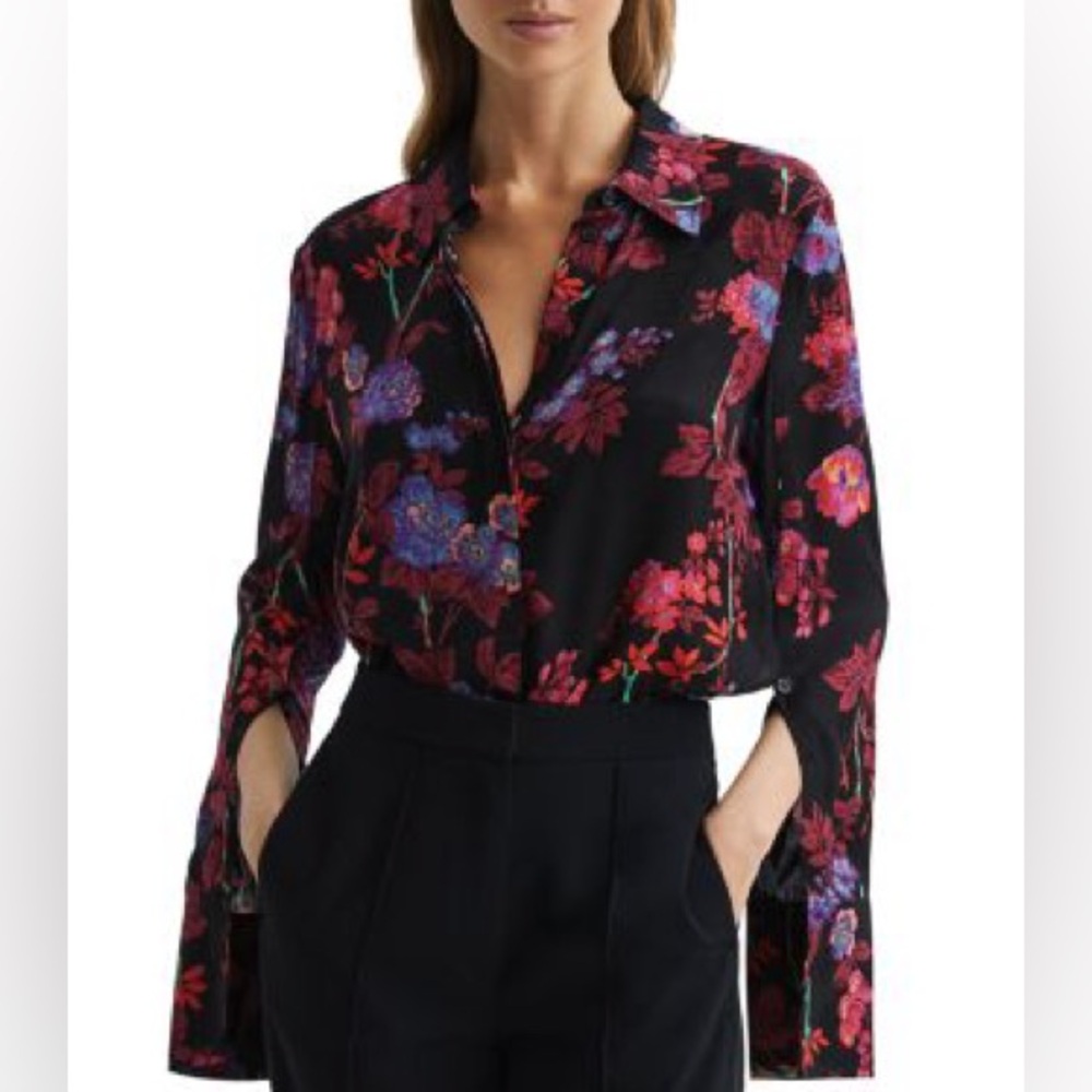 Reiss Polly Floral Printed Split Sleeve Blouse